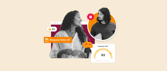 employees discussing time off with NPS metrics, visual features of vibrant icons and user engagement stats, employee engagement voice interaction