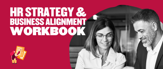 HR strategy and business alignment workbook with diverse professionals collaborating and reviewing progress together., HRstrategy, businessalignment