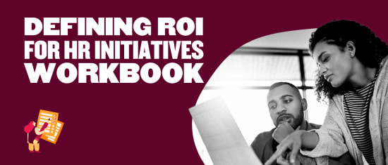 defining roi for hr initiatives workbook, two professionals discussing a workbook, focused on HR strategies and analytics