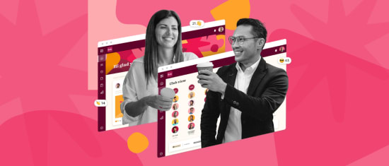 people using digital platform, smiling individuals holding cups with colorful background