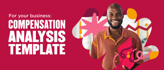 compensation analysis template for business with smiling man in casual attire and vibrant graphic elements, business analytic template visual guide with colorful design and engaging imagery