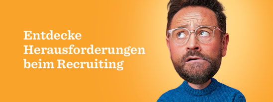 Recruiting challenges illustrated by a worried man in a blue sweater against an orange background. Text highlights the theme. recruiting, challenges