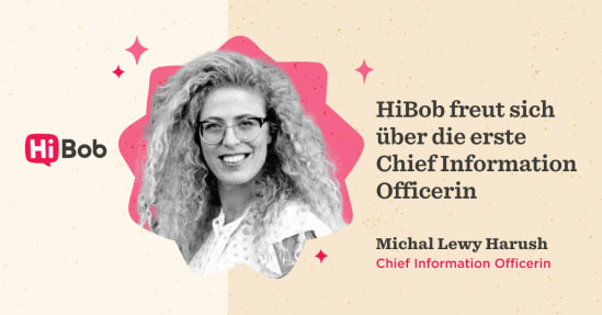 HiBob logo with Michal Lewy Harush, the new Chief Information Officer, smiling against a colorful background., HiBob, ChiefInformationOfficer