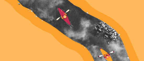 kayakers paddling on a river with orange accents and rocky shore, vibrant scene of water sports featuring two colorful kayaks