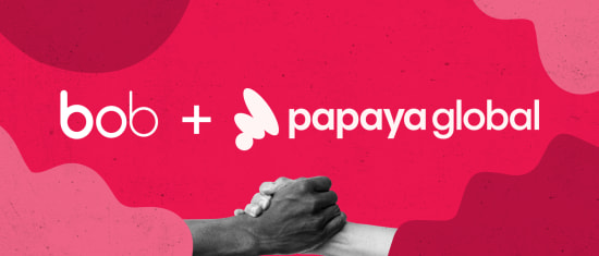 bob logo + papaya global with handshake on vibrant red background featuring abstract shapes. Collaboration theme. bob+papaya global, handshake, collaboration