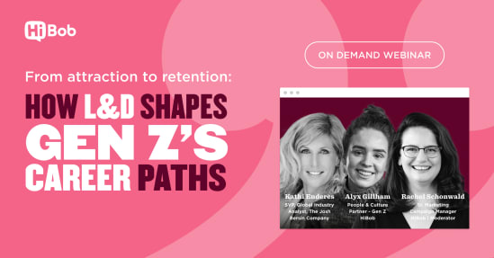 HiBob webinar on L&D's impact on Gen Z career paths with three speakers' images and engaging pink background. , webinar, GenZcareer