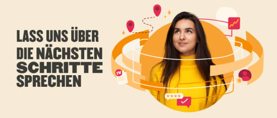 junge Frau in gelbem Pullover mit nachdenklichem Ausdruck, umgeben von Icons und Texten der Karriereberatung, Karriereberatung, nächste Schritte