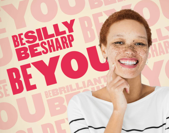 smiling woman with short hair and freckles, wearing a striped shirt, promoting self-acceptance and positivity, colorful background with inspirational phrases