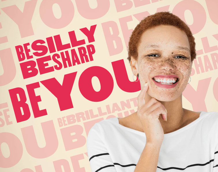 smiling woman with short hair and freckles, wearing a striped shirt, promoting self-acceptance and positivity, colorful background with inspirational phrases