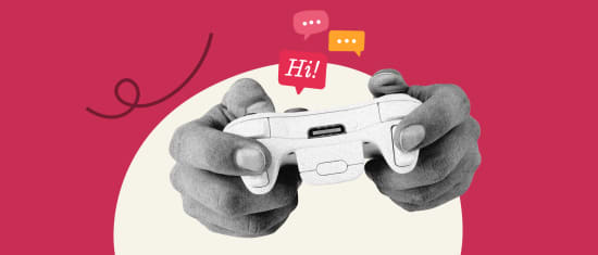 hands holding a game controller with speech bubbles saying 