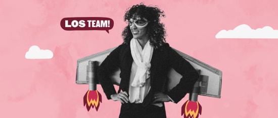 woman wearing rocket backpack, pink background with clouds, text bubble saying 
