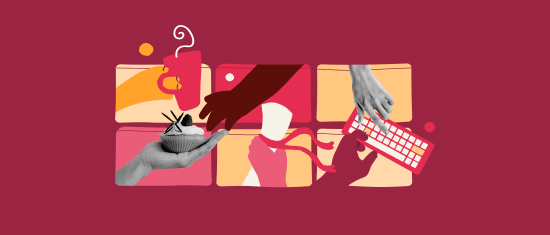 hands exchanging a cupcake and coffee, colorful graphic design, keyboard interaction showcasing multitasking, food and tech interaction illustration