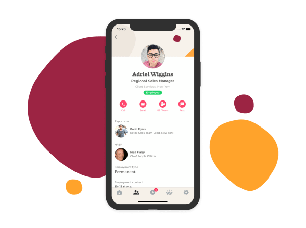 employee profile screen with contact options and colorful design elements, showing job title, location, and reporting structure