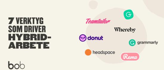 hybrid work tools graphic featuring logos of Teamtailor, Donut, Headspace, Whereby, Grammarly, Remo on a light background, 7 tools driving hybrid work showcasing company logos and modern design elements