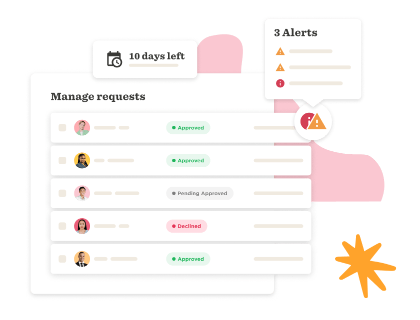 manage requests, status indicators for approvals, pending, and declines with alerts on deadlines and issues