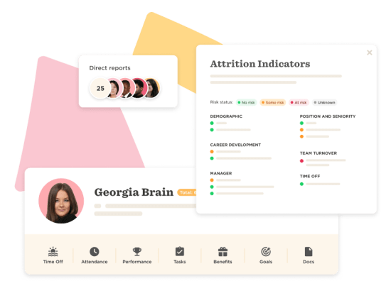 Georgia Brain's profile with metrics, attrition indicators, and report stats including color-coded risk assessments. , employee dashboard, attrition analysis