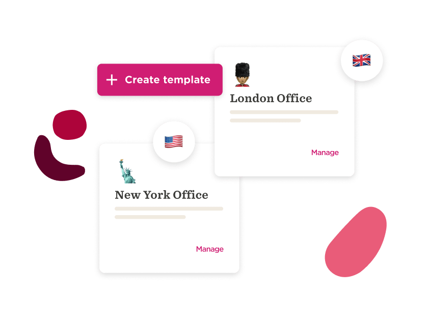 create template, New York and London office cards with icons and manage options displayed
