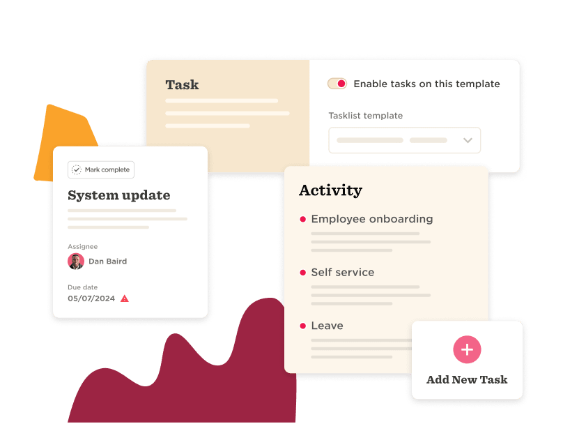 task management interface, system update activity overview with due date and assignee details