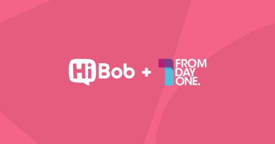 HiBob logo and From Day One logo combined on a vibrant pink background, showcasing a partnership, Colorful partnership between HiBob and From Day One