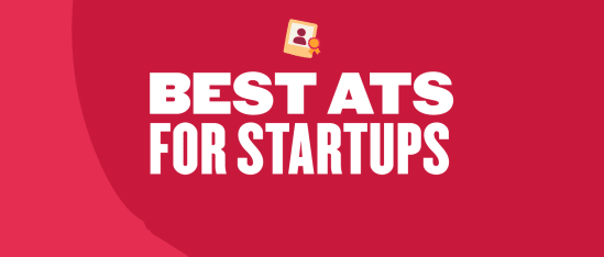 best ats for startups, graphic with bold text and icon on red background