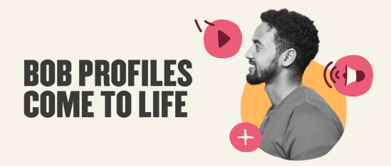 Bob profiles graphic with vibrant icons, showcasing audio and video elements, emphasizing engagement and interaction. , BobProfiles, EngagementVisuals