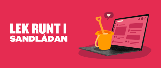 lek runt i sandlådan, digital creativity with a laptop and beach bucket on a vibrant pink background