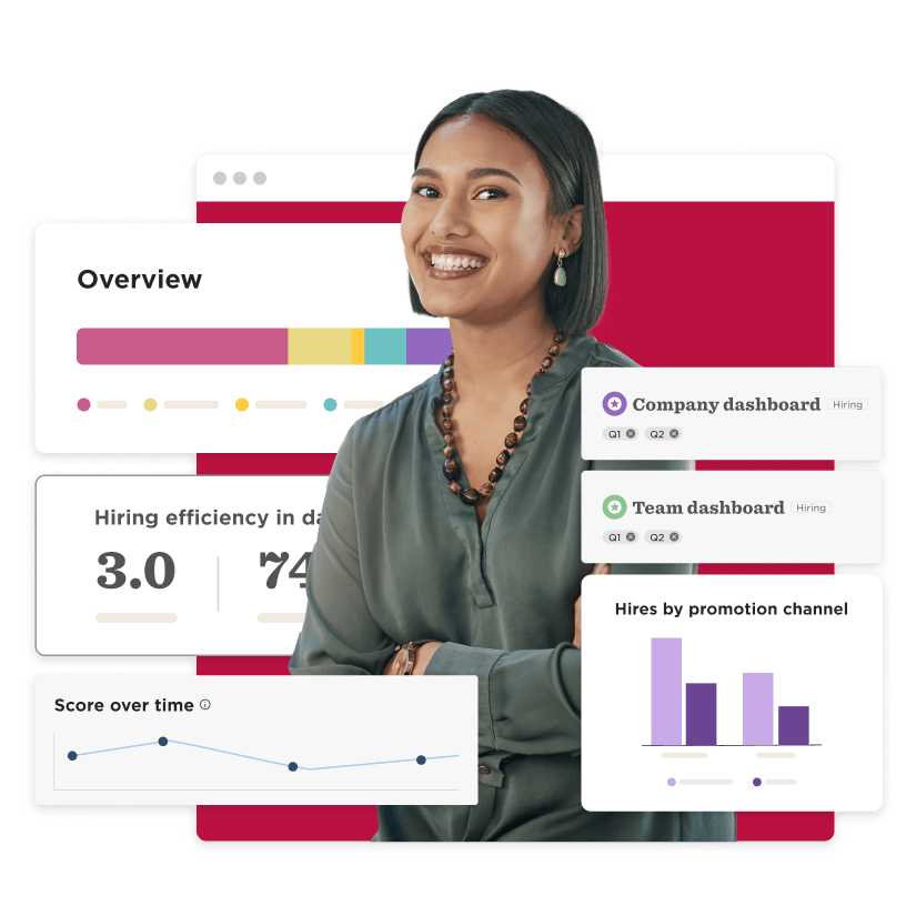 professional woman smiling with hiring dashboards and analytics on screen, hiring efficiency metrics and scores displayed
