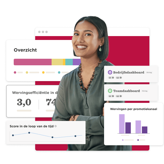 smiling woman in front of colorful dashboards showcasing hiring metrics and analytics, data visualization for recruitment efficiency