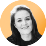 smiling person with long brown hair on orange background, professional portrait with round frame and cheerful expression