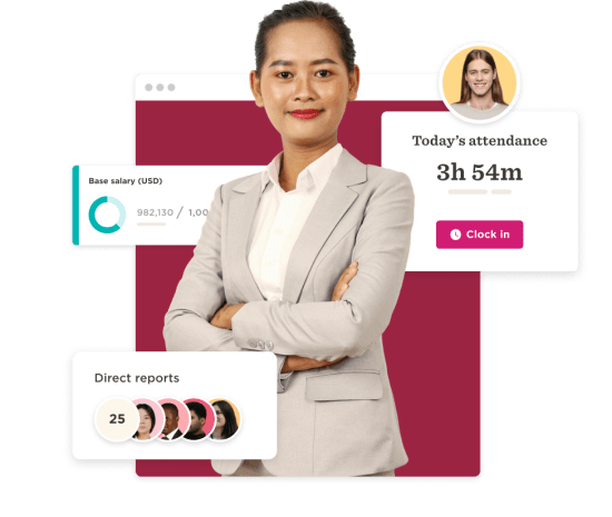 professional woman in suit , salary info and attendance dashboard with direct reports statistics