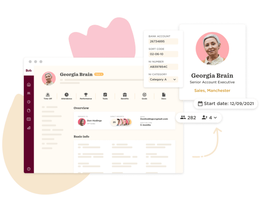Georgia Brain profile in Bob HR software, showcasing details like role, contact info, and performance metrics., HR software interface displaying personal details, job role, and performance statistics for employee management.