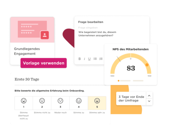 Onboarding survey interface with NPS score, text input fields, and emoji rating scale. Elements in a modern layout. Vorlage verwenden, NPS des Mitarbeitenden