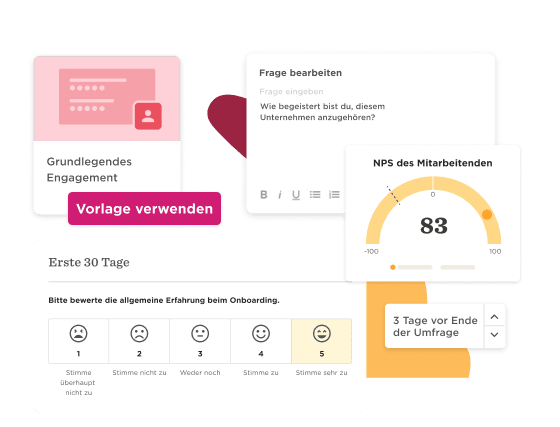 Onboarding survey interface with NPS score, text input fields, and emoji rating scale. Elements in a modern layout. Vorlage verwenden, NPS des Mitarbeitenden