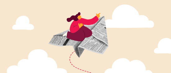 paper airplane, woman flying, cartoon clouds