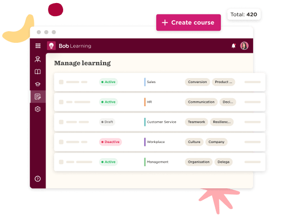 Bob Learning interface displaying course management with active, draft, and deactivated status indicators. Create course option., course management, learning platform