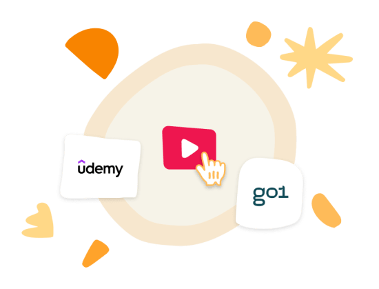 video button, Udemy and Go1 logos with playful shapes in a vibrant, creative background