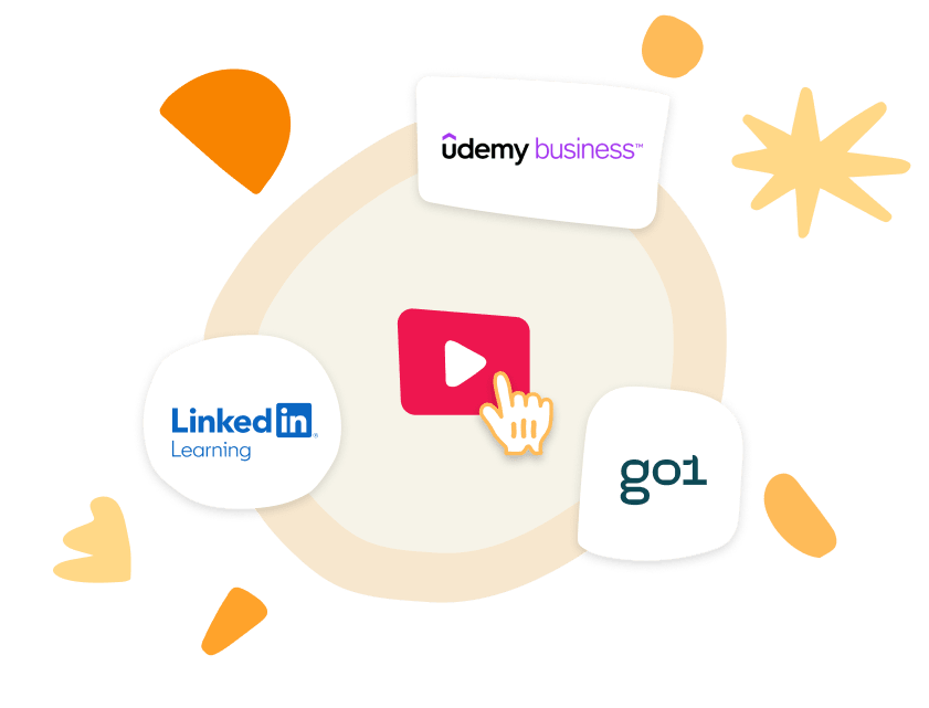 video play button, LinkedIn Learning Udemy Business go1 logos
