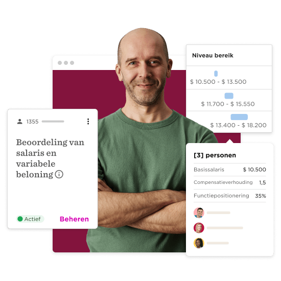 salary analysis, man smiling with arms crossed, salary range and compensation details displayed