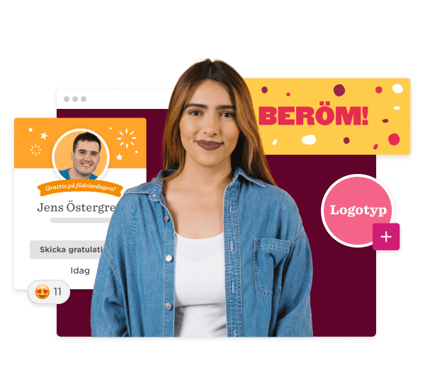 Jens Östergren birthday greeting graphic with smiling woman in denim shirt and celebratory design elements. , birthday, celebration