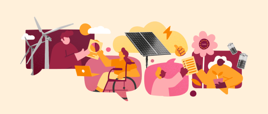 wind turbines, solar panel and diverse individuals engaging in renewable energy discussions