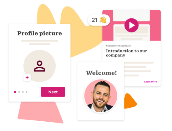 profile picture and welcome screen with introduction; user engagement interface for company onboarding, user interface design with vibrant elements and welcoming text