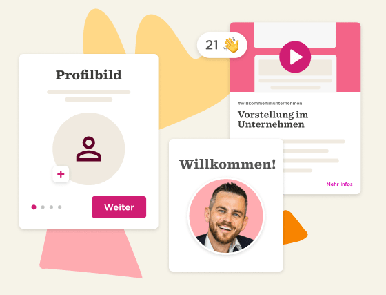 Profilbild, Willkommen! Video introduction graphic with user engagement statistics and colorful design elements.
