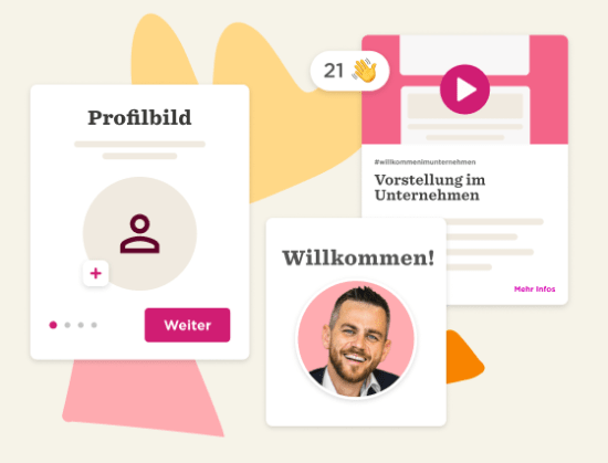 Profilbild, Willkommen! Video introduction graphic with user engagement statistics and colorful design elements.