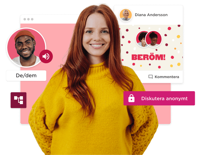 confident woman in yellow sweater promoting anonymous discussion with chat features and community engagement, engagement features for online discussions