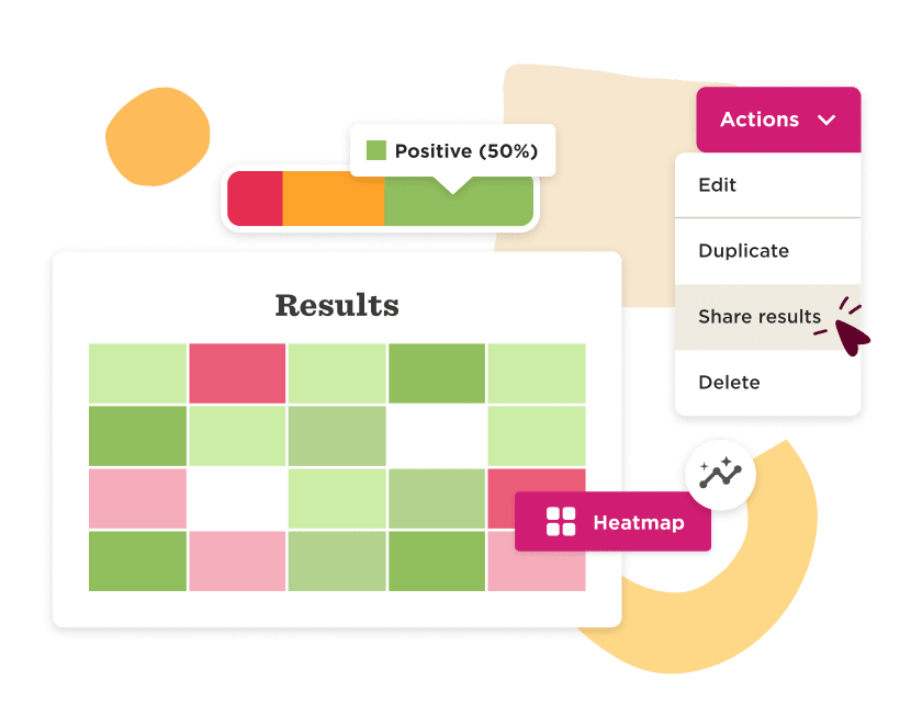 results table, heatmap visualization with positive metrics and action options for sharing, editing, and deleting data