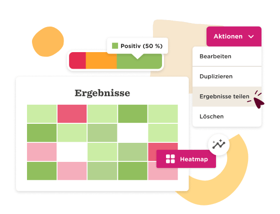Ergebnisse table with green and red cells, action menu for sharing, and visual heatmap indicator. Insights representation. Ergebnisse, Heatmap