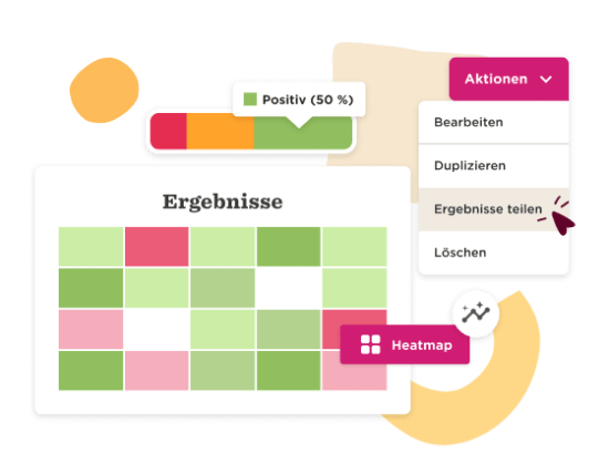 Ergebnisse table with green and red cells, action menu for sharing, and visual heatmap indicator. Insights representation. Ergebnisse, Heatmap
