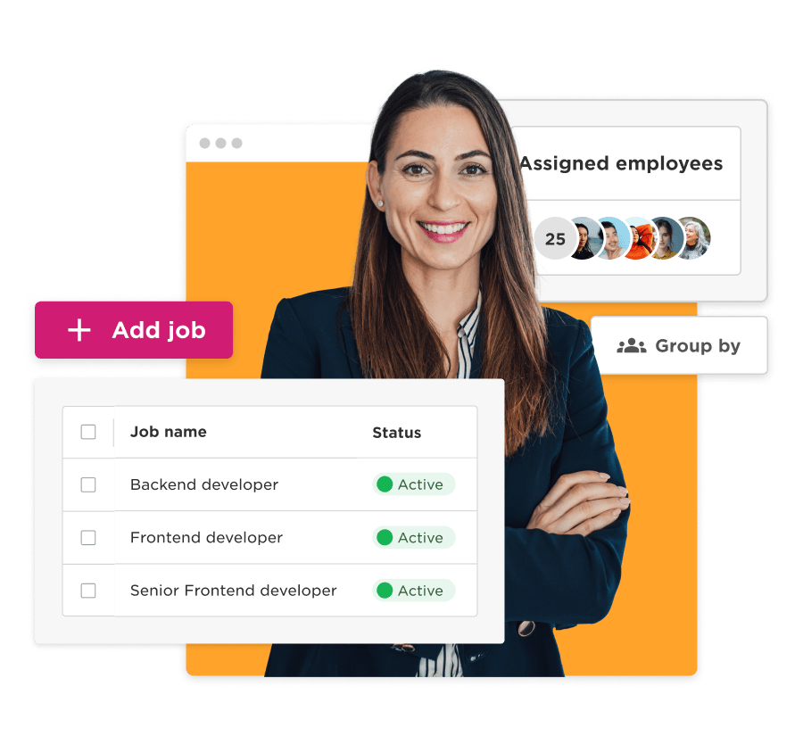 job management interface, professional woman smiling with active job status for developers