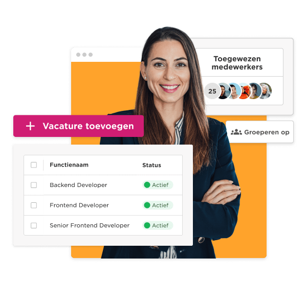 vakature toevoegen interface, active job positions for developers with a professional woman in a business setting
