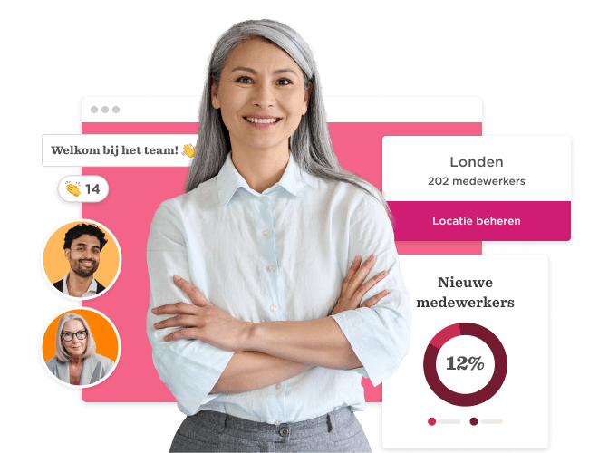 team member with gray hair smiling, digital interface with employee stats, welcoming message, and location details, employee engagement, workplace statistics